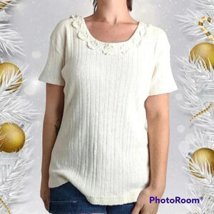 Vintage 80s Ashly Brent Cream Ribbed Knit Floral Top Large